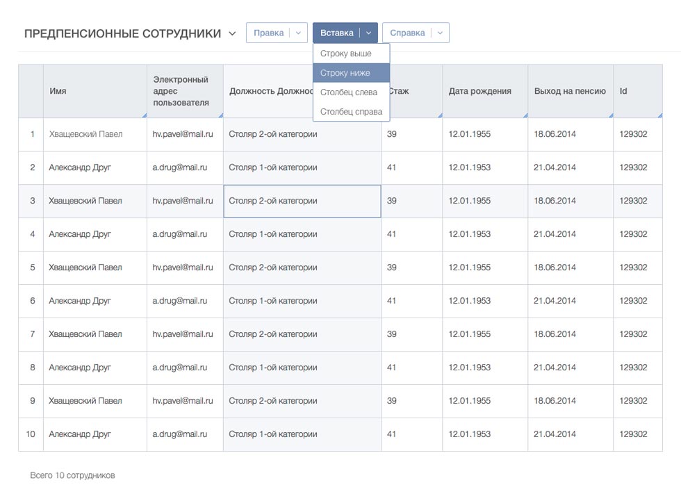Пример таблицы